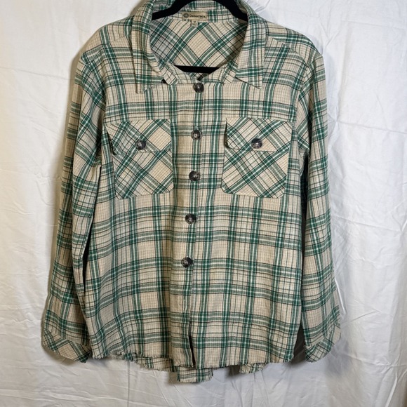 Democracy Tops - Democracy Women Green Plaid Frayed Longsleeve Button Down Size M T Shirt Pockets